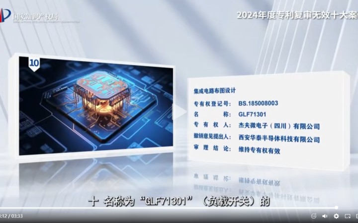 三聚陽光代理“GLF71301”集成電路布圖設(shè)計(jì)撤銷案入選國知局2024年度專利復(fù)審無效十大案件